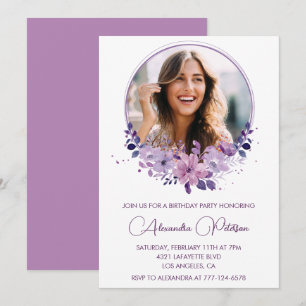 Chic Photo 41st birthday invitation Floral Purple
