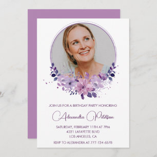 Chic Photo 64th birthday invitation Floral Purple