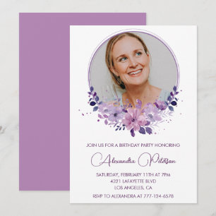 Chic Photo 66th birthday invitation Floral Purple