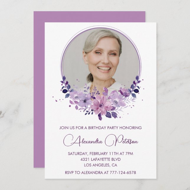Chic Photo 71st birthday invitation Floral Purple (Front/Back)