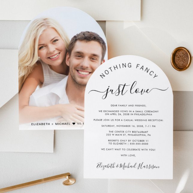 Chic Photo Arch Wedding Reception Invitation (Celebrate your love story with a chic arch-shaped casual wedding reception invitation)