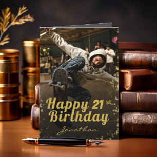 Chic Photo Black & Gold Happy Birthday Card