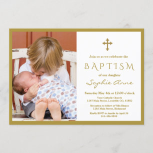 Chic Photo Boy Gold Cross Baptism Invitation
