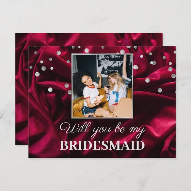 Chic Photo Burgundy Silk Will You Be My Bridesmaid Postcard (Front/Back)