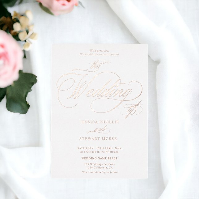 Chic photo calligraphy wedding rose gold (Chic photo calligraphy wedding rose gold foil invitation)