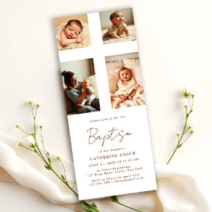 Chic Photo Collage Cross Baby Baptism Invitation