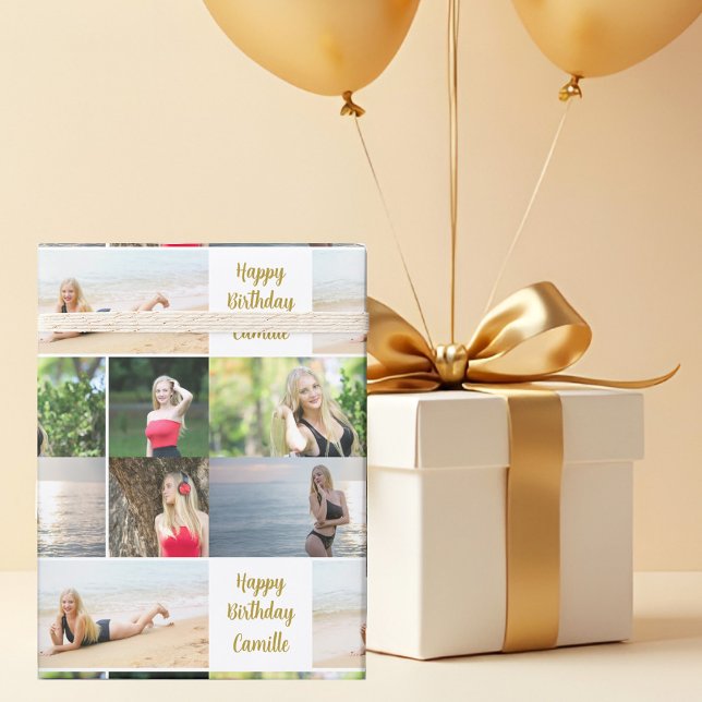 Chic Photo Collage Happy Birthday Gold Script Wrapping Paper (Creator Uploaded)