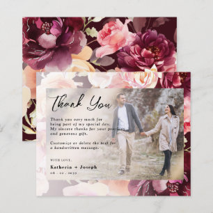 Chic Photo Floral Burgundy wedding Thank you cards