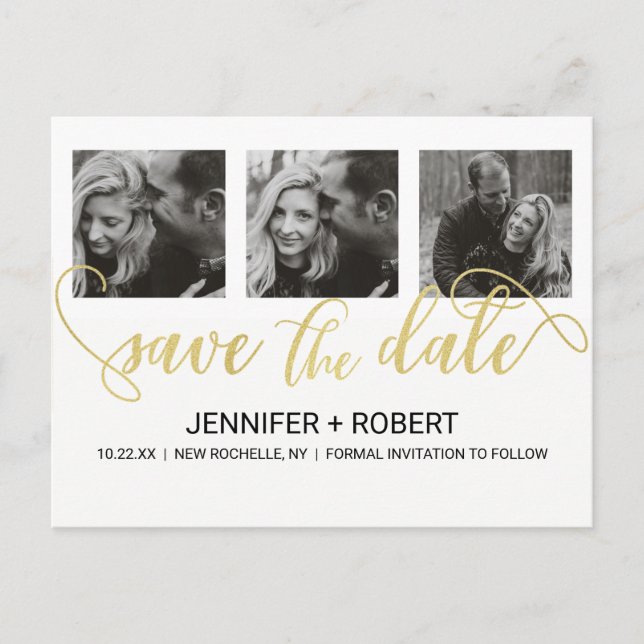 Chic Photo GOLD FOIL Hand Letter Save The Date Announcement Postcard (Front)