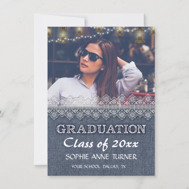 Chic Photo Graduation Invitations | Old Denim Lace (Front)