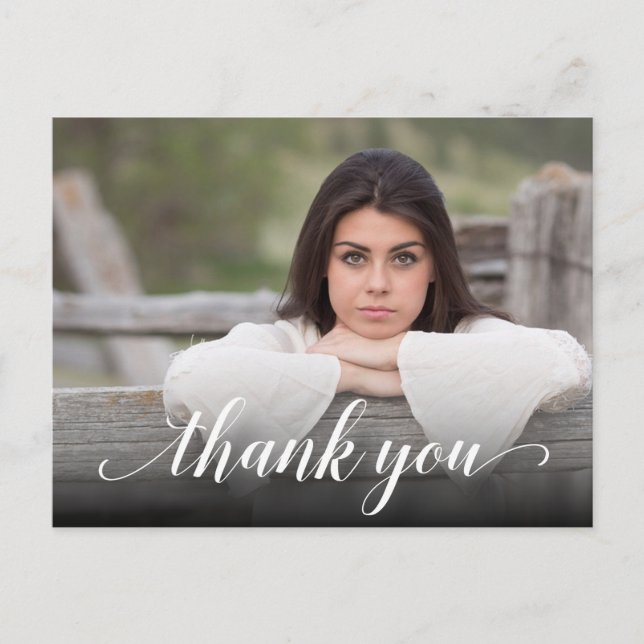 Chic Photo Graduation White Script Thank You Postcard (Front)