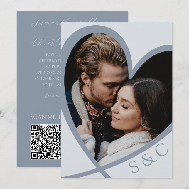 Chic Photo Heart Dusty Blue  Wedding  Invitation (Front/Back)