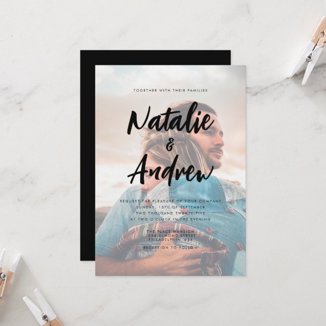 Chic Photo Overlay Minimalist Script Wedding Black Invitation (Front/Back In Situ)