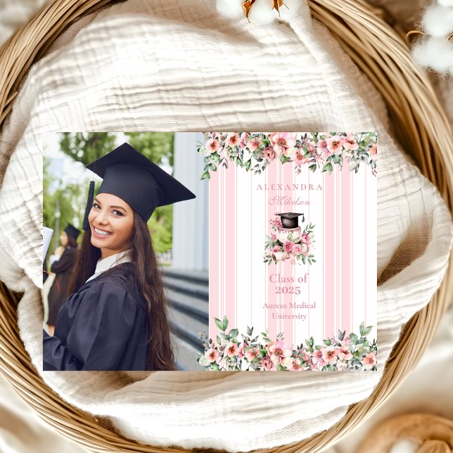Chic Photo Pink Floral Graduation Party Announcement (Creator Uploaded)
