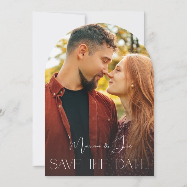 Chic Photo Suprise Verti Save the Date Arc Invitation (Front)
