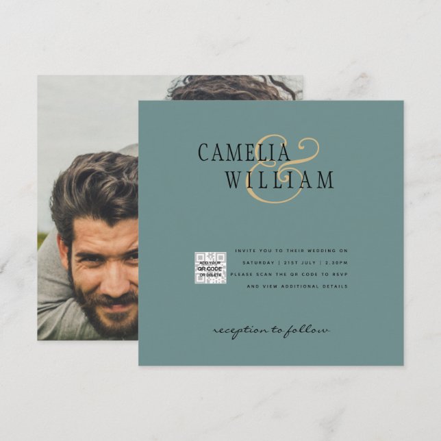 Chic Photo Wedding Invite QR Code Save Date Green (Front/Back)