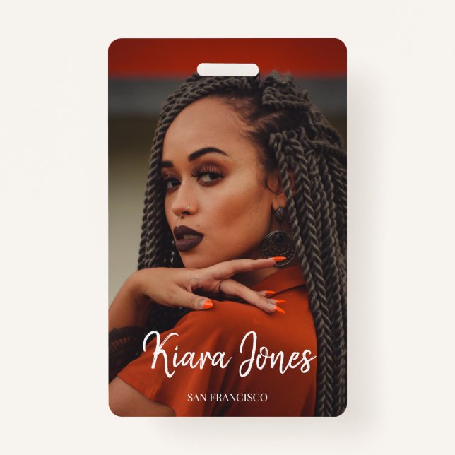 Chic Photo White Script Badge ID Badge (Front)