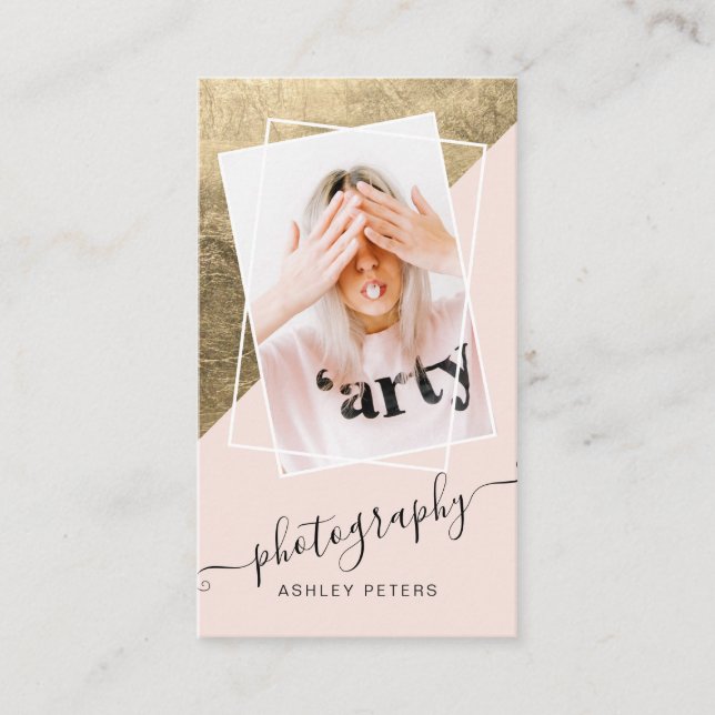 Chic photography bush pink cool gold script photo business card (Front)