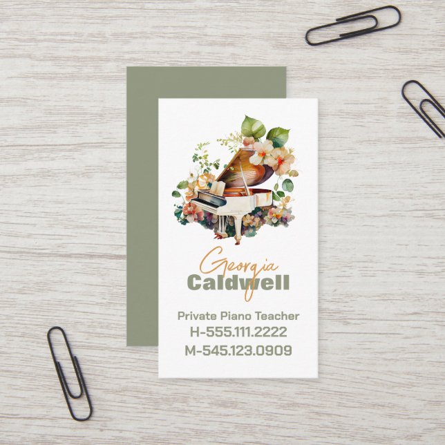 Chic Piano Teacher Watercolor Art Business Card (Front/Back In Situ)
