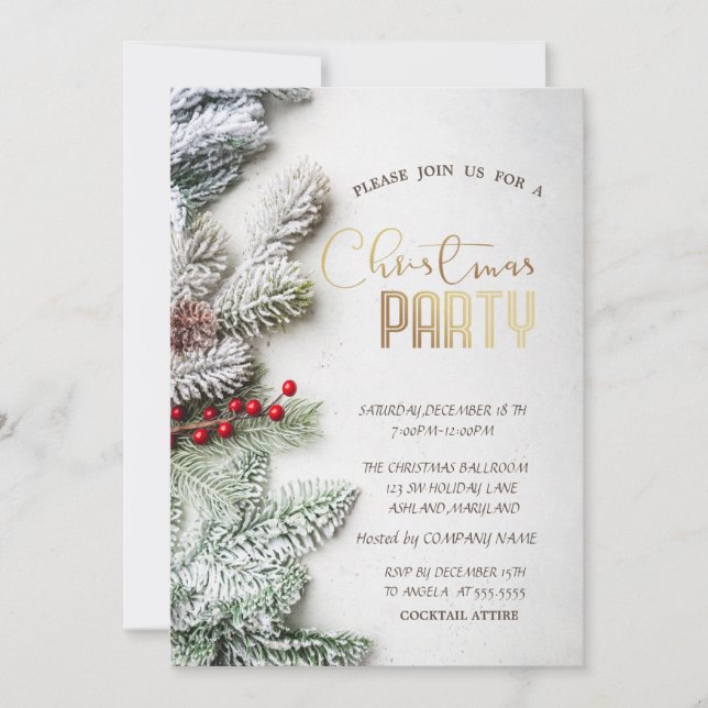 Chic Pine Tree Branches Snow Christmas Company I Invitation (Front)