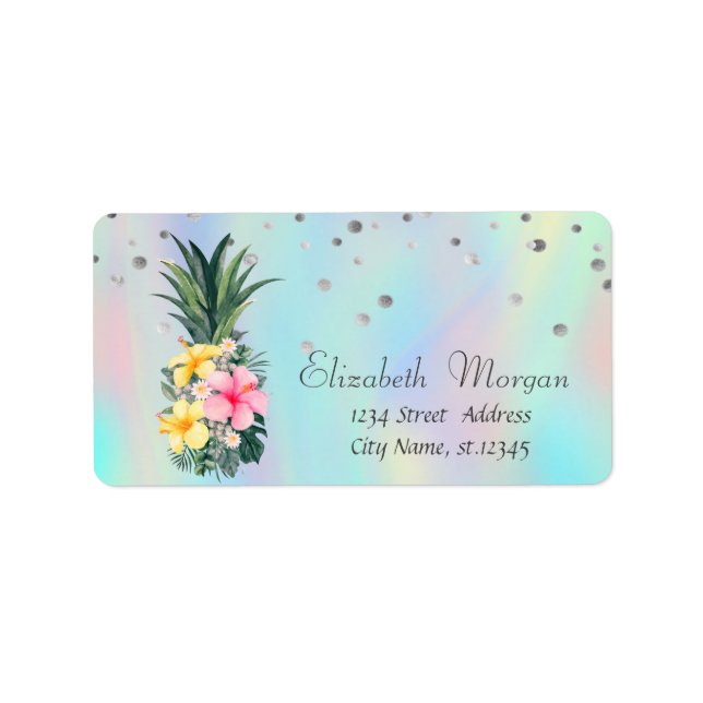 Chic Pineapple Floral Dots Holographic Iridescent Label (Front)