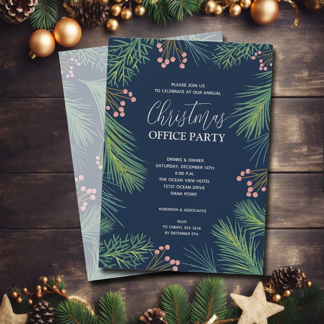 Chic Pines and Berries Christmas Party Invitation (Chic pine branches and berries Christmas party invitations)
