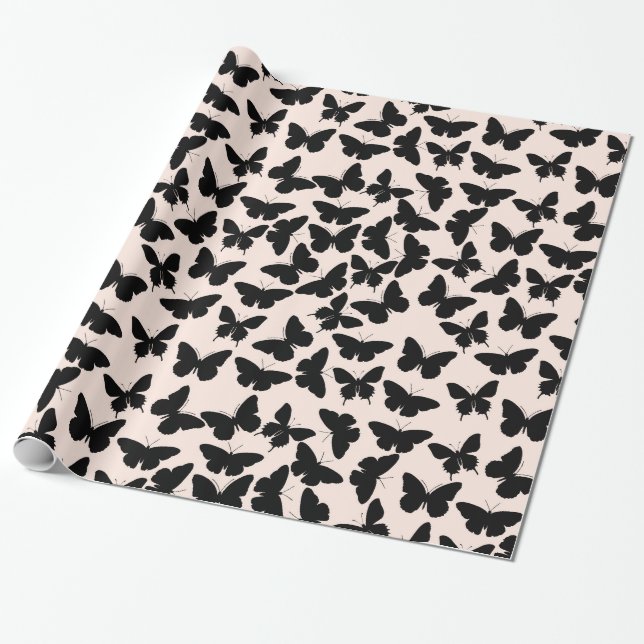 Chic Pink and Black Butterflies Birthday Wrapping Paper (Unrolled)