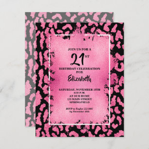 Chic Pink and Black Leopard Print Birthday Invitation