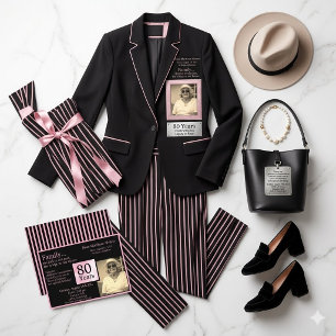 Chic Pink and Black Striped 80th Birthday Photo Invitation