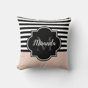 Chic Pink and Black Wide Stripes Name and Monogram Cushion