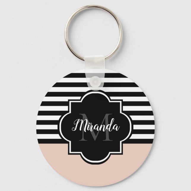 Chic Pink and Black Wide Stripes Name and Monogram Key Ring (Front)