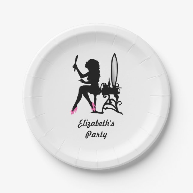 Chic Pink and Black Woman of Fashion Silhouette Paper Plate (Front)