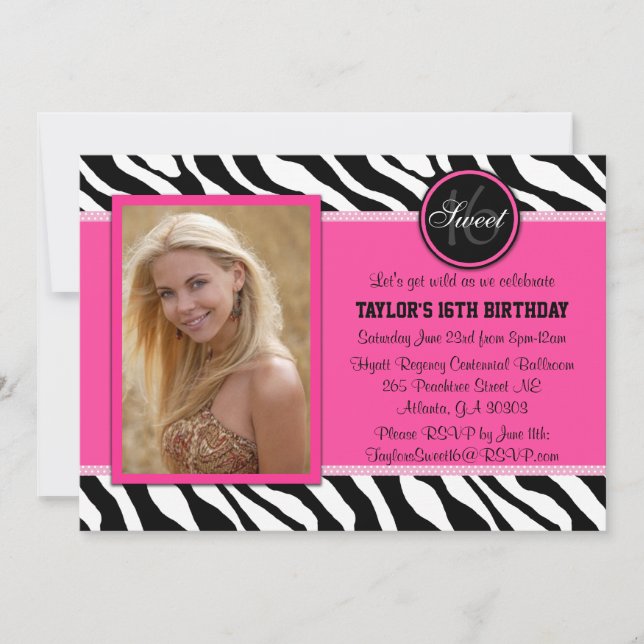 Chic Pink and Black Zebra Print Photo Invite (Front)