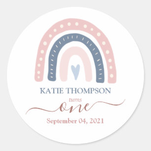 Chic Pink and Blue Rainbow Boho First Birthday Classic Round Sticker