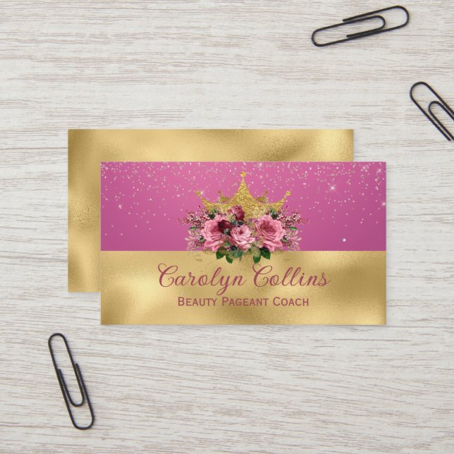 Chic Pink and Gold Floral Crown Business Card (Front/Back In Situ)