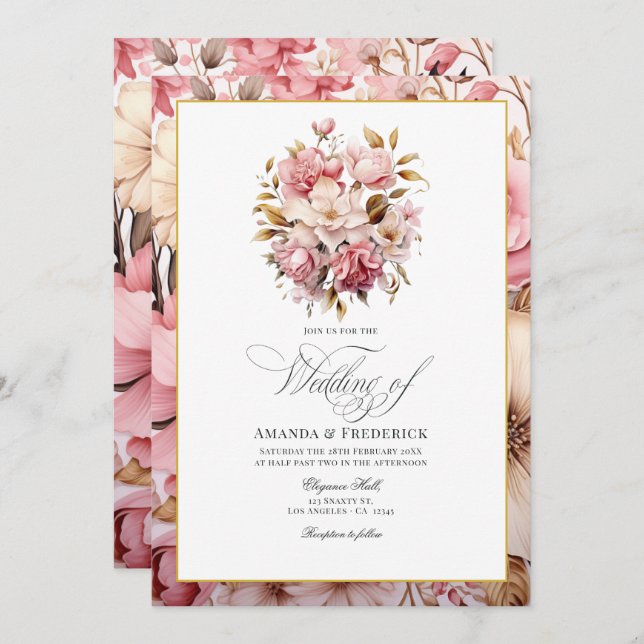 Chic Pink and Gold Floral Design Invitation (Front/Back)