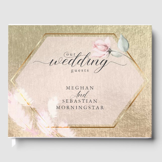 Chic Pink and Gold Floral Wedding Guest Book (Front)