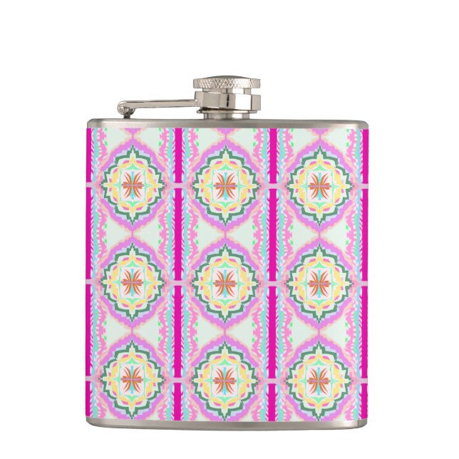 Chic Pink and Gold Geometric Floral Pattern Hip Flask (Front)