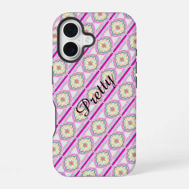 Chic Pink and Gold Geometric Floral Pattern iPhone 16 Case (Back)