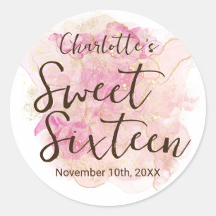 Chic Pink and Gold Watercolor Sweet 16 Party  Classic Round Sticker