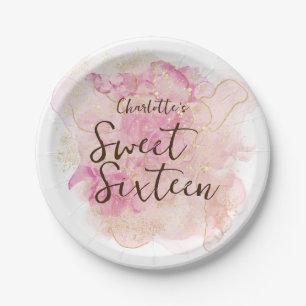 Chic Pink and Gold Watercolor Sweet 16 Party Paper Plate