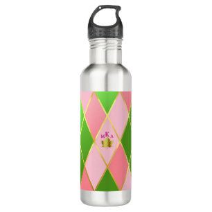Chic Pink and Green Argyle Monogrammed 710 Ml Water Bottle