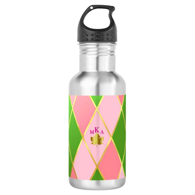 Chic Pink and Green Argyle Monogrammed  710 Ml Water Bottle (Front)