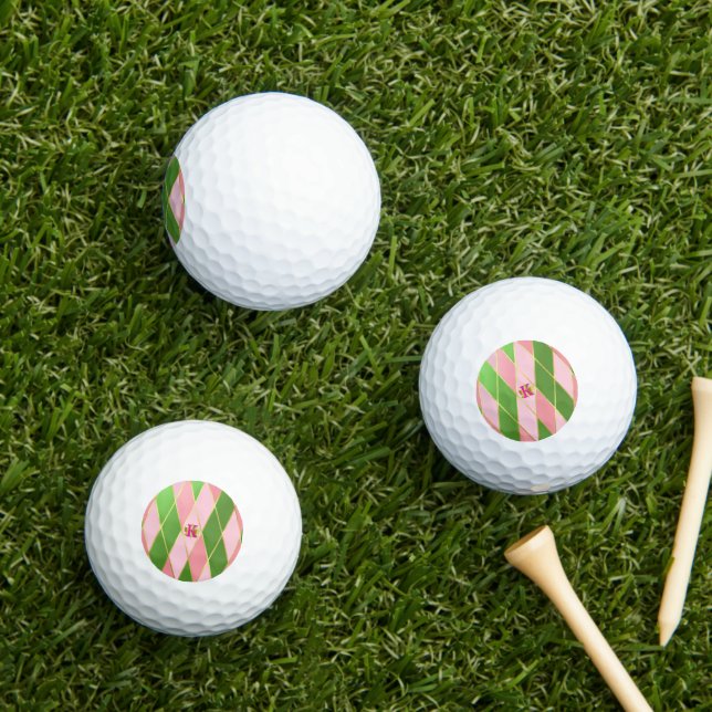 Chic Pink and Green Argyle Monogrammed  Golf Balls (Insitu Grass)