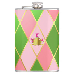 Chic Pink and Green Argyle Monogrammed Hip Flask
