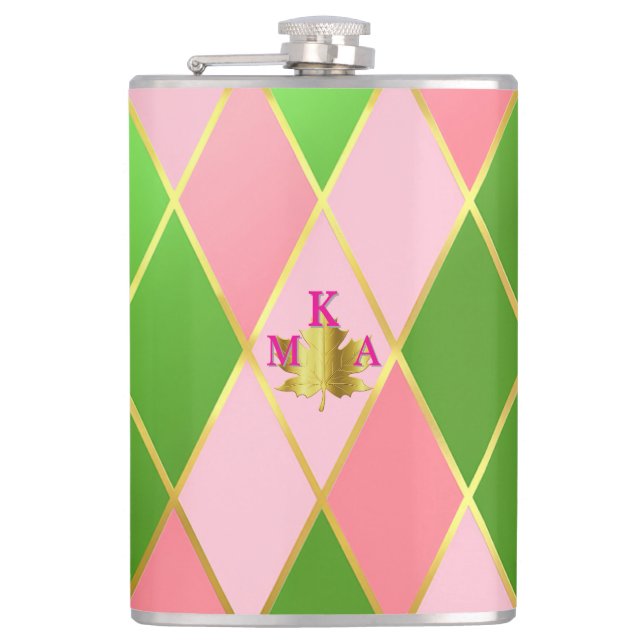 Chic Pink and Green Argyle Monogrammed  Hip Flask (Front)