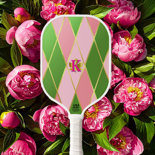 Chic Pink and Green Argyle Monogrammed Pickleball Paddle