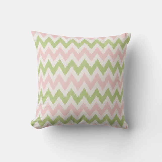 Chic pink and green geometric chevron pattern cushion (Front)