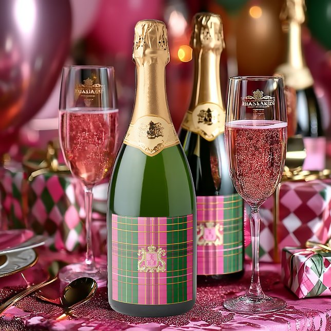 Chic Pink and Green Plaid Monogram Wine Bottle  Sparkling Wine Label (Chic Pink and Green Customized Beverage Labels)