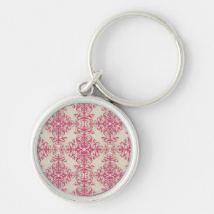 Chic Pink and Off White Floral Damask Pattern Key Ring